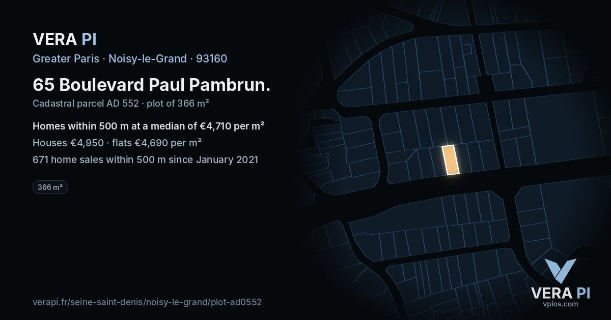 65 Boulevard Paul Pambrun, Noisy-le-Grand at night – the plot lit, the parcels around coloured by the prices near them