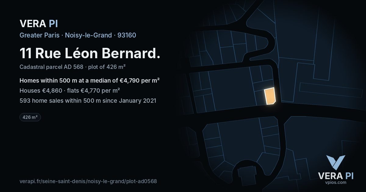 11 Rue Léon Bernard, Noisy-le-Grand at night – the plot lit, the parcels around coloured by the prices near them