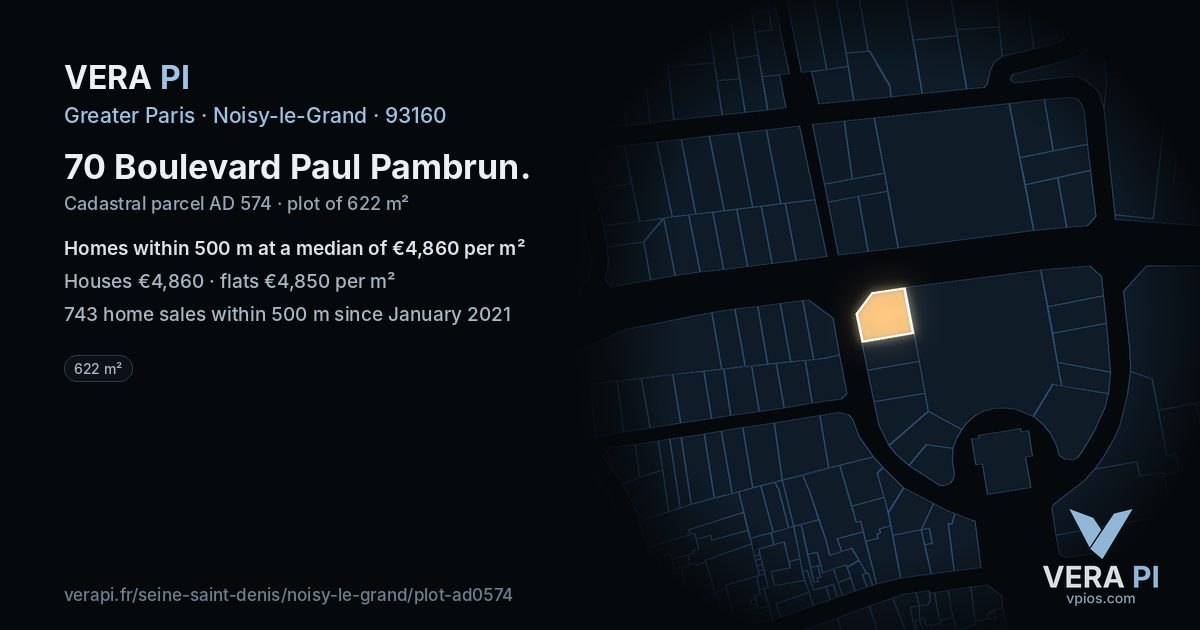 70 Boulevard Paul Pambrun, Noisy-le-Grand at night – the plot lit, the parcels around coloured by the prices near them