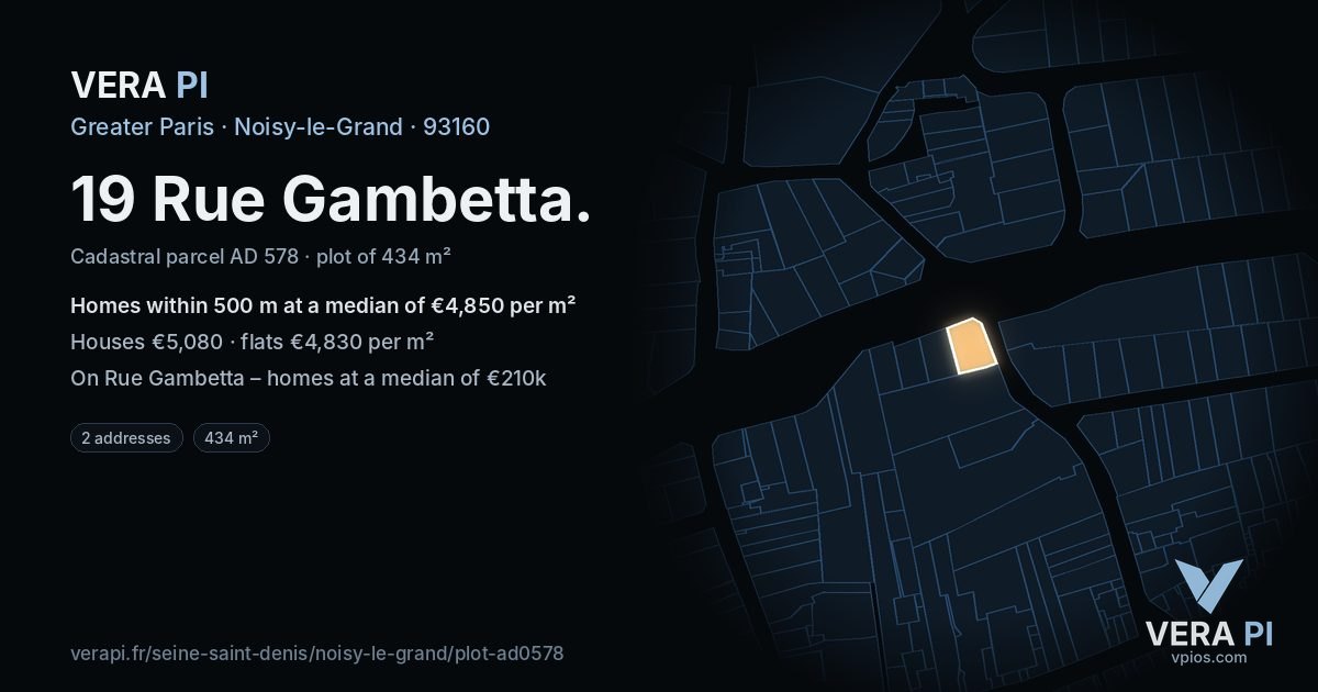 19 Rue Gambetta, Noisy-le-Grand at night – the plot lit, the parcels around coloured by the prices near them