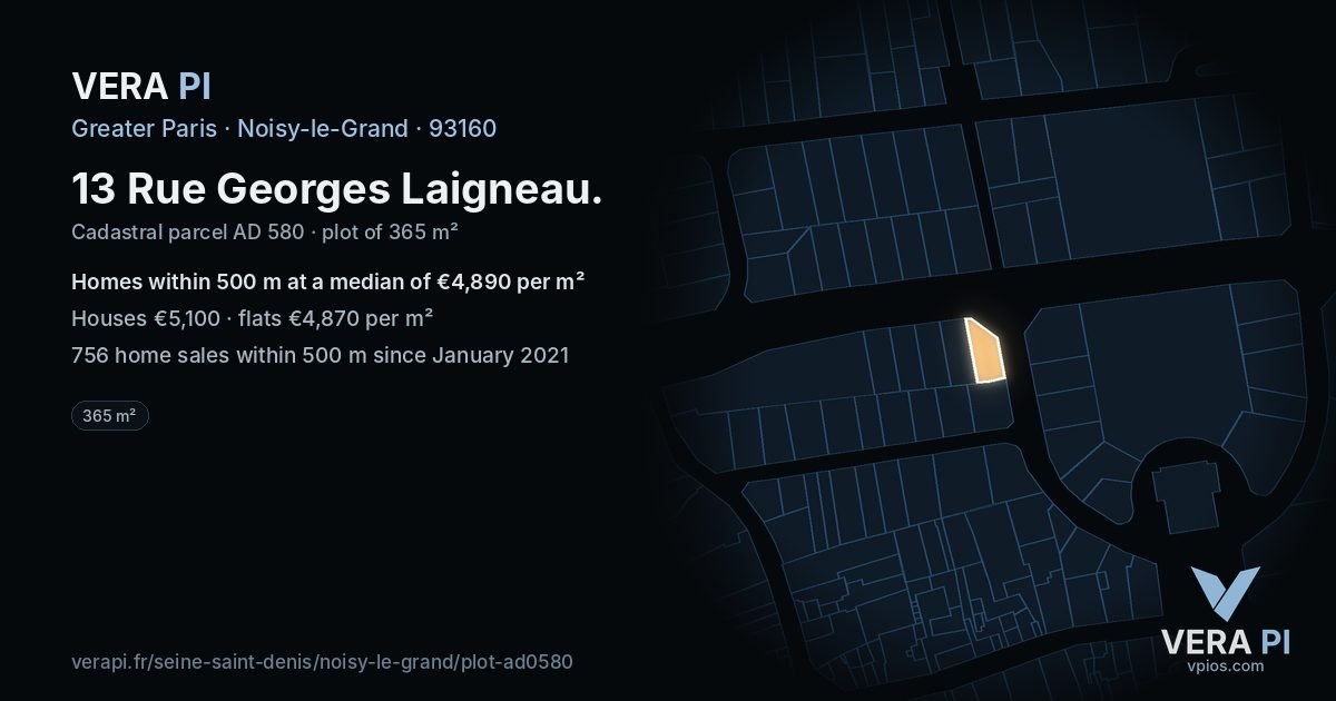 13 Rue Georges Laigneau, Noisy-le-Grand at night – the plot lit, the parcels around coloured by the prices near them