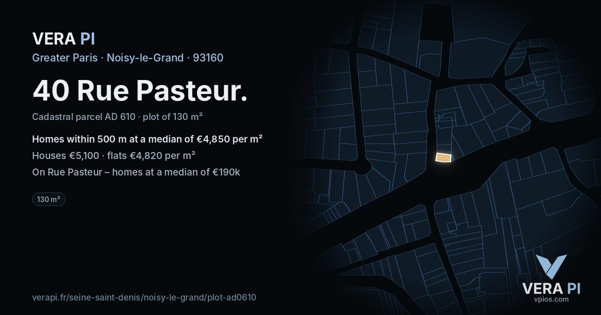 40 Rue Pasteur, Noisy-le-Grand at night – the plot lit, the parcels around coloured by the prices near them