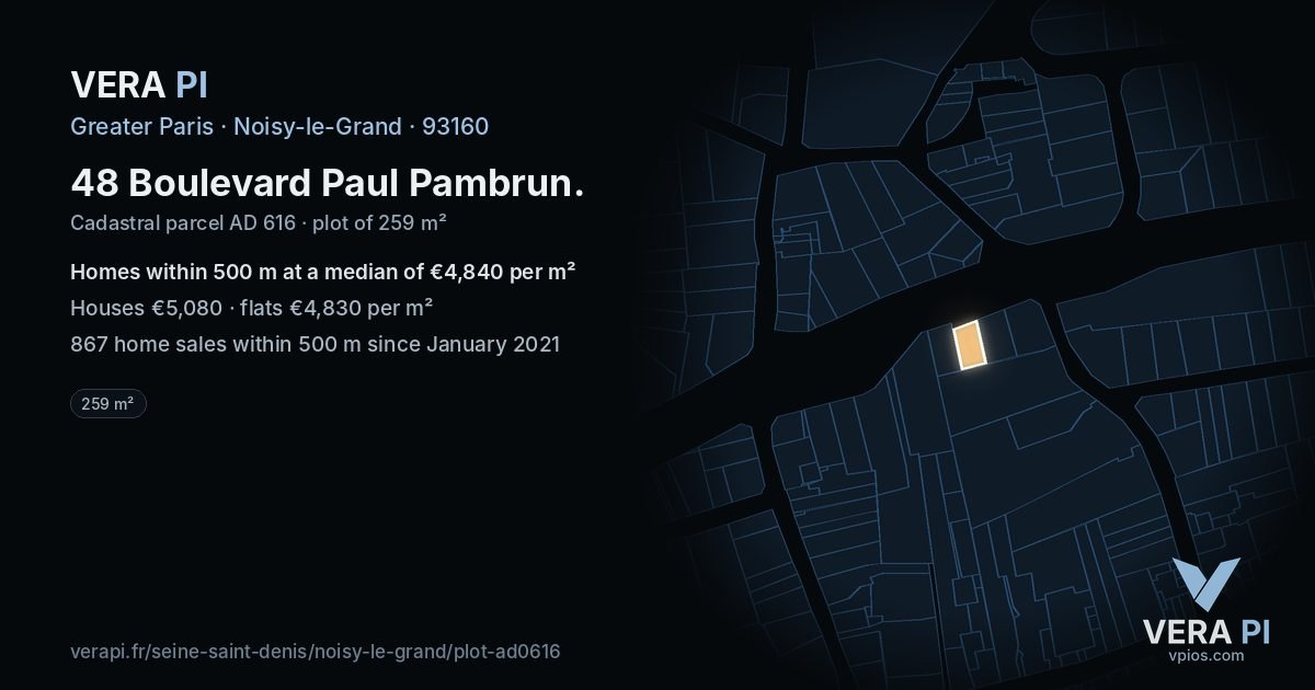 48 Boulevard Paul Pambrun, Noisy-le-Grand at night – the plot lit, the parcels around coloured by the prices near them
