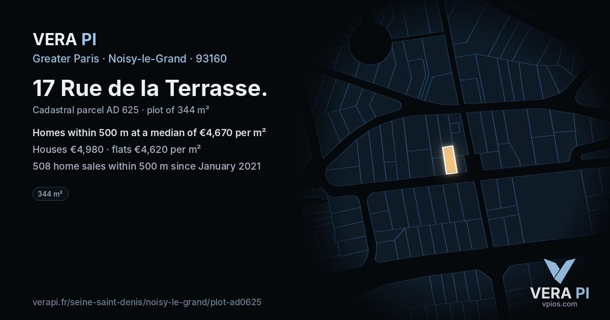 17 Rue de la Terrasse, Noisy-le-Grand at night – the plot lit, the parcels around coloured by the prices near them