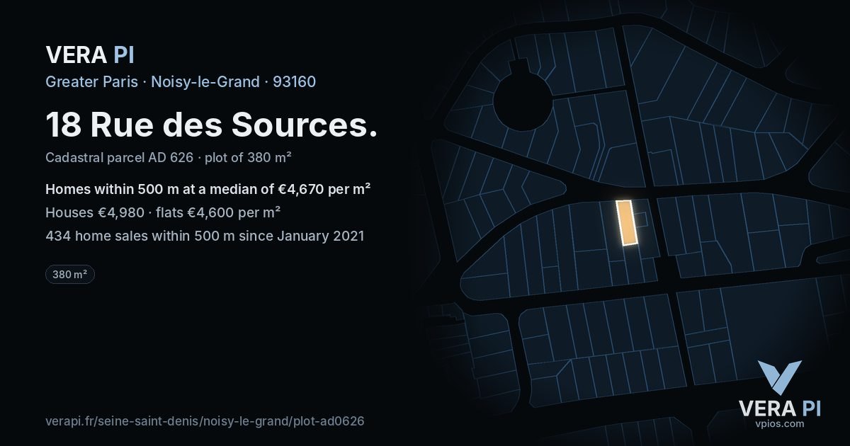 18 Rue des Sources, Noisy-le-Grand at night – the plot lit, the parcels around coloured by the prices near them