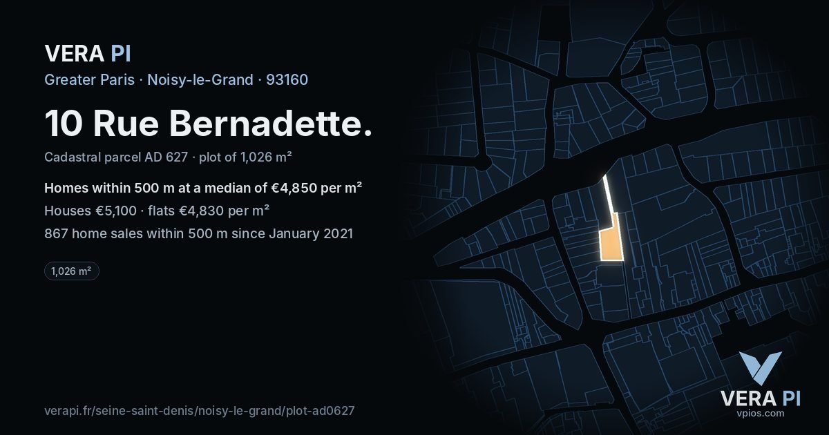 10 Rue Bernadette, Noisy-le-Grand at night – the plot lit, the parcels around coloured by the prices near them