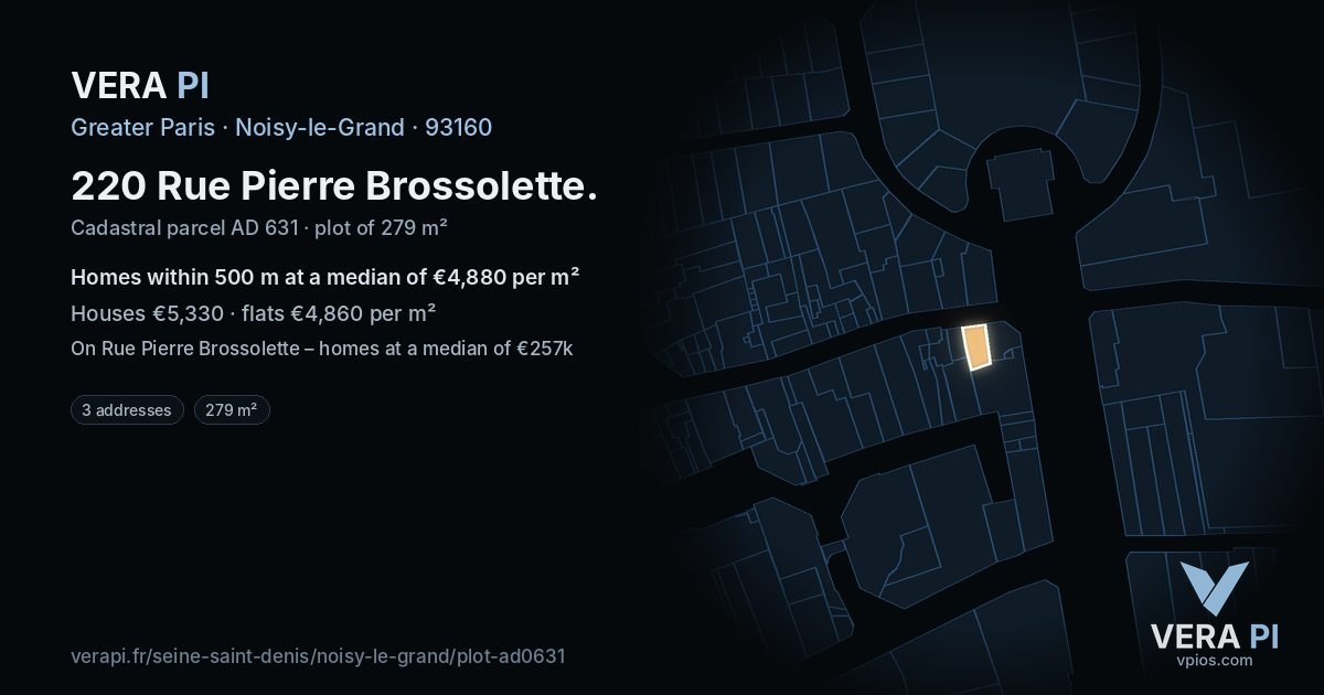 220 Rue Pierre Brossolette, Noisy-le-Grand at night – the plot lit, the parcels around coloured by the prices near them