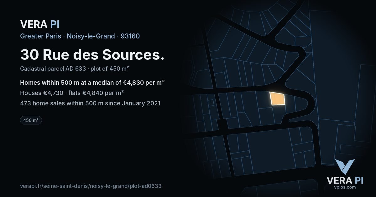 30 Rue des Sources, Noisy-le-Grand at night – the plot lit, the parcels around coloured by the prices near them