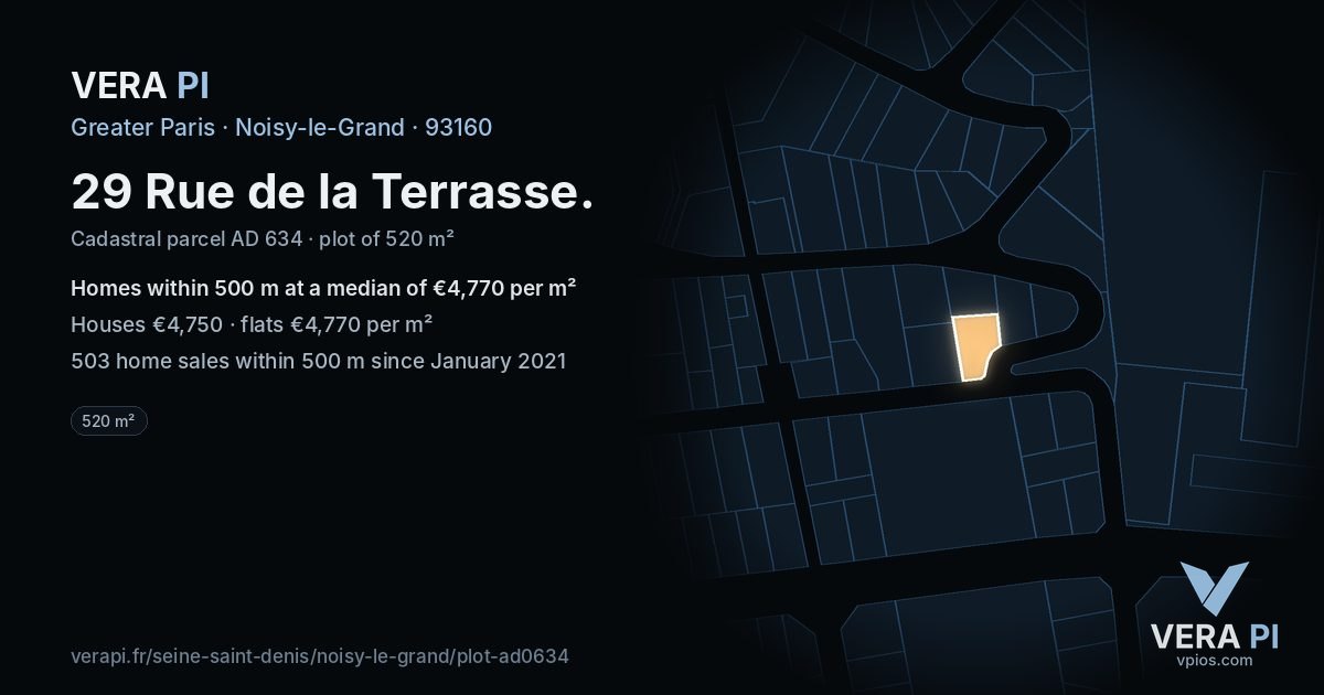 29 Rue de la Terrasse, Noisy-le-Grand at night – the plot lit, the parcels around coloured by the prices near them