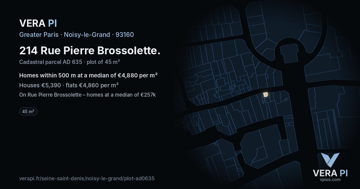 214 Rue Pierre Brossolette, Noisy-le-Grand at night – the plot lit, the parcels around coloured by the prices near them