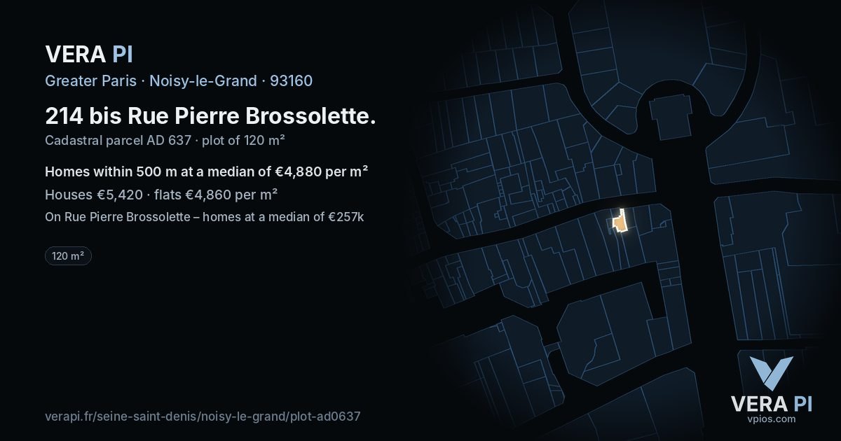 214 bis Rue Pierre Brossolette, Noisy-le-Grand at night – the plot lit, the parcels around coloured by the prices near them