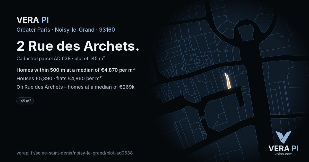 2 Rue des Archets, Noisy-le-Grand at night – the plot lit, the parcels around coloured by the prices near them