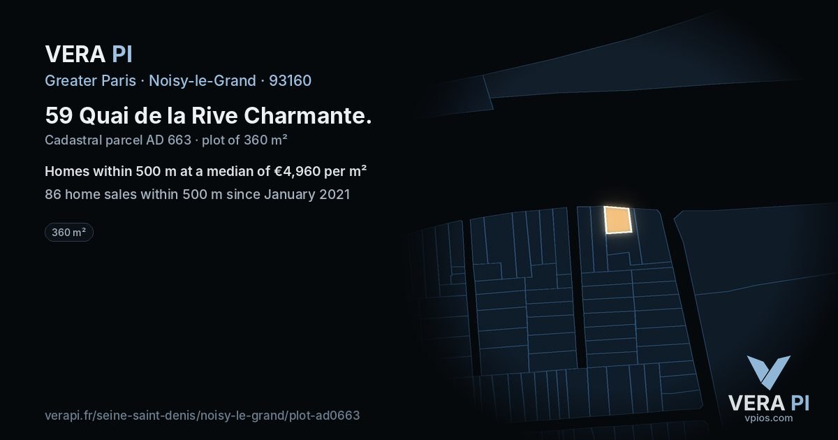 59 Quai de la Rive Charmante, Noisy-le-Grand at night – the plot lit, the parcels around coloured by the prices near them