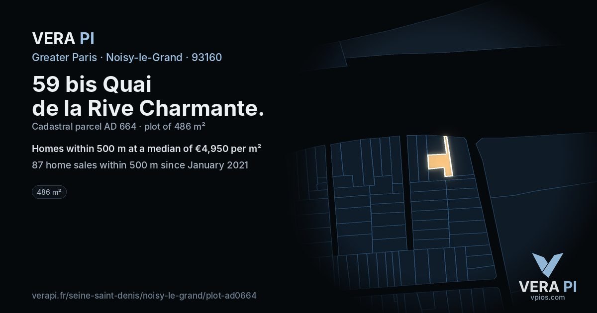 59 bis Quai de la Rive Charmante, Noisy-le-Grand at night – the plot lit, the parcels around coloured by the prices near them