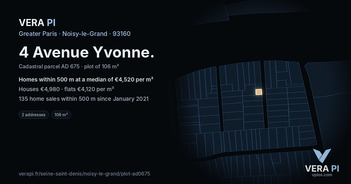 4 Avenue Yvonne, Noisy-le-Grand at night – the plot lit, the parcels around coloured by the prices near them