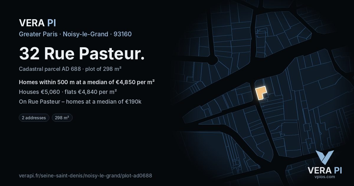 32 Rue Pasteur, Noisy-le-Grand at night – the plot lit, the parcels around coloured by the prices near them