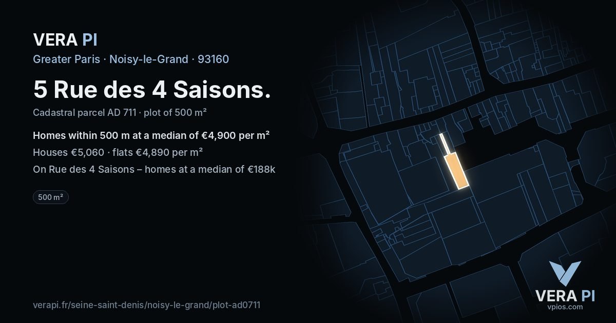 5 Rue des 4 Saisons, Noisy-le-Grand at night – the plot lit, the parcels around coloured by the prices near them