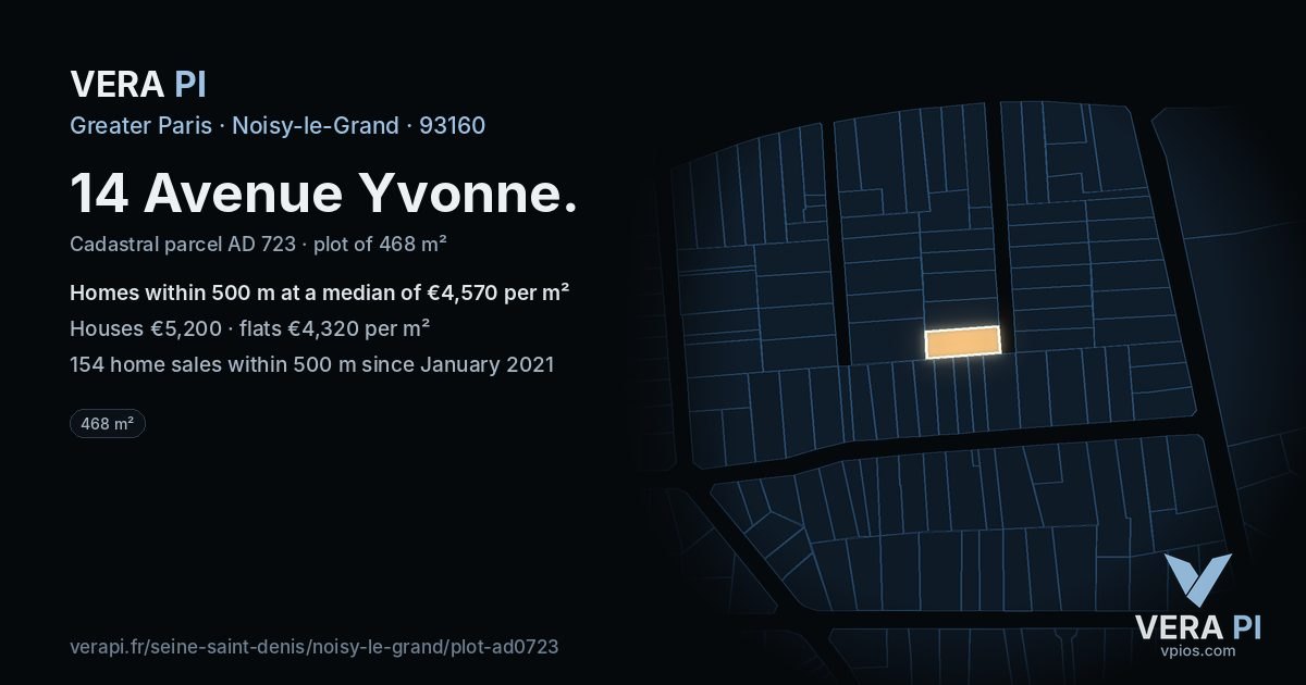 14 Avenue Yvonne, Noisy-le-Grand at night – the plot lit, the parcels around coloured by the prices near them