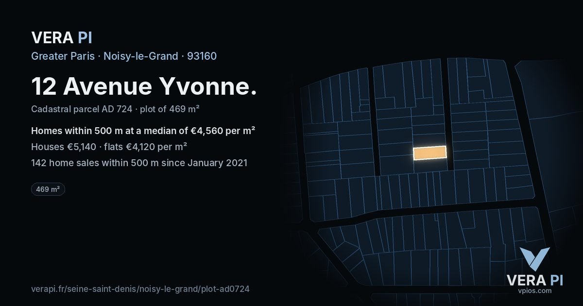 12 Avenue Yvonne, Noisy-le-Grand at night – the plot lit, the parcels around coloured by the prices near them