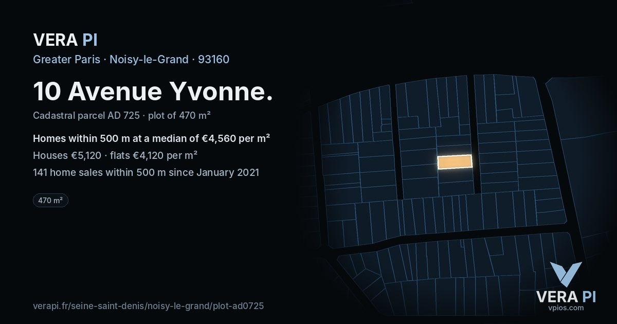 10 Avenue Yvonne, Noisy-le-Grand at night – the plot lit, the parcels around coloured by the prices near them
