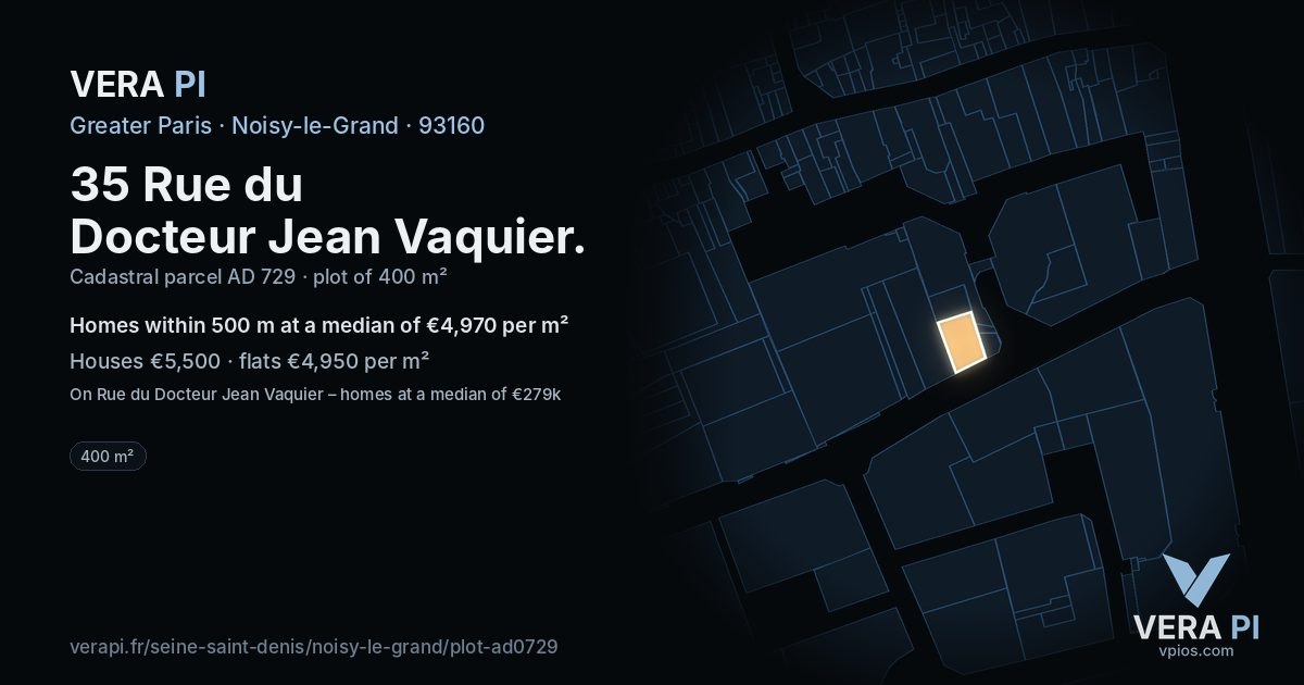 35 Rue du Docteur Jean Vaquier, Noisy-le-Grand at night – the plot lit, the parcels around coloured by the prices near them
