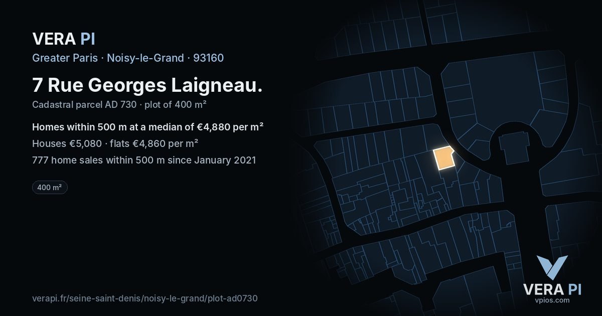 7 Rue Georges Laigneau, Noisy-le-Grand at night – the plot lit, the parcels around coloured by the prices near them