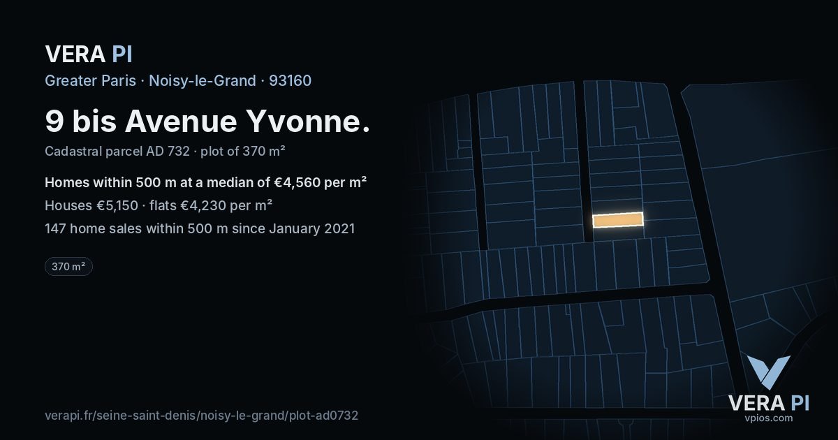 9 bis Avenue Yvonne, Noisy-le-Grand at night – the plot lit, the parcels around coloured by the prices near them