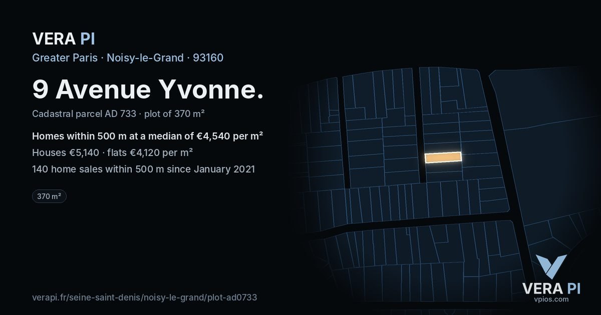 9 Avenue Yvonne, Noisy-le-Grand at night – the plot lit, the parcels around coloured by the prices near them