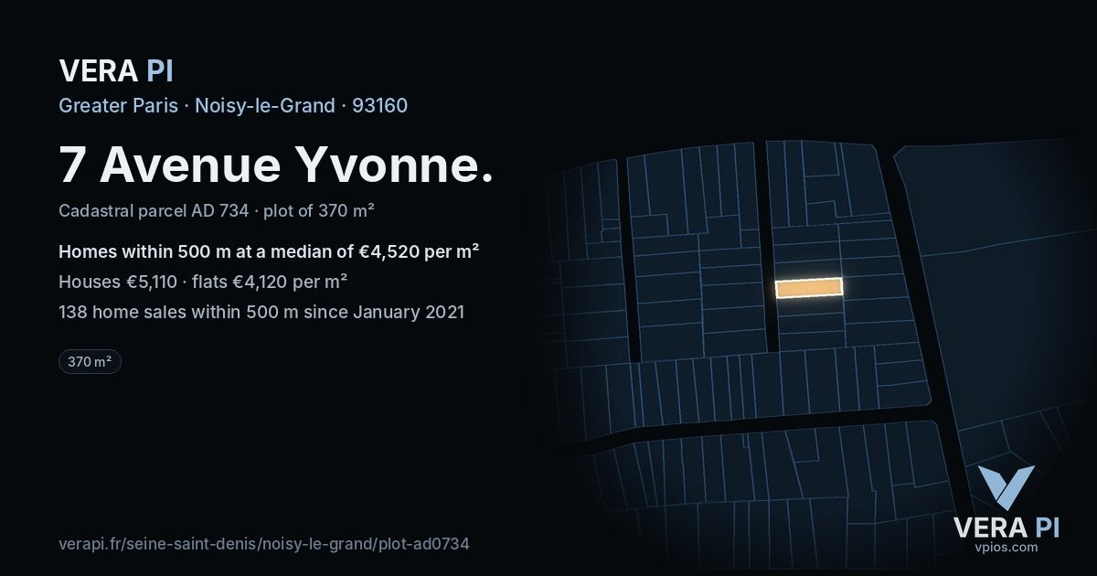 7 Avenue Yvonne, Noisy-le-Grand at night – the plot lit, the parcels around coloured by the prices near them