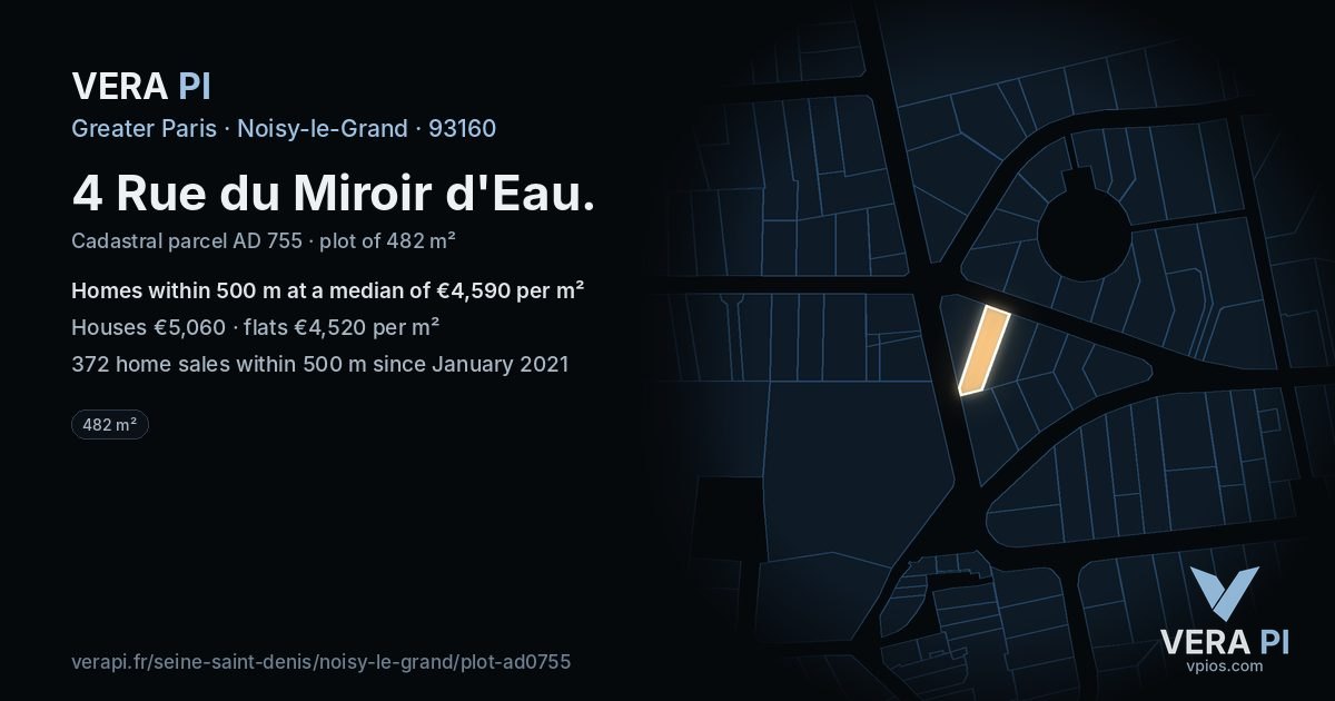 4 Rue du Miroir d'Eau, Noisy-le-Grand at night – the plot lit, the parcels around coloured by the prices near them