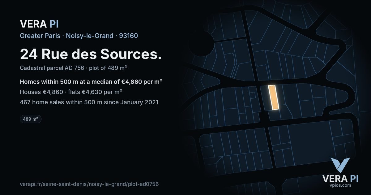 24 Rue des Sources, Noisy-le-Grand at night – the plot lit, the parcels around coloured by the prices near them