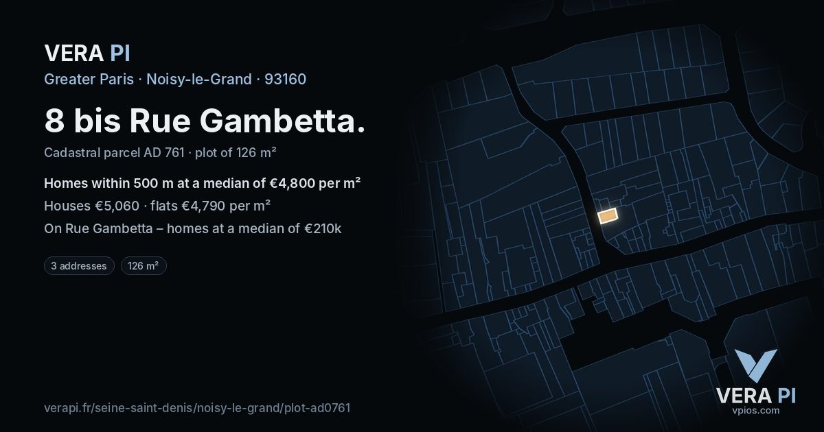 8 bis Rue Gambetta, Noisy-le-Grand at night – the plot lit, the parcels around coloured by the prices near them