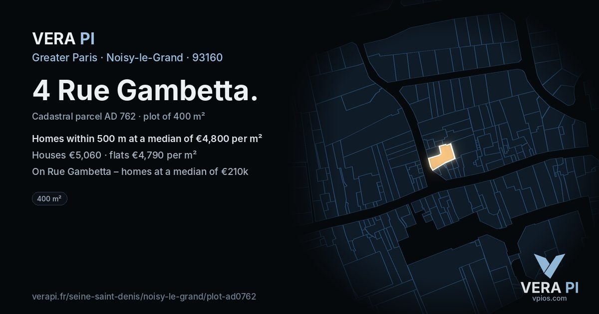 4 Rue Gambetta, Noisy-le-Grand at night – the plot lit, the parcels around coloured by the prices near them