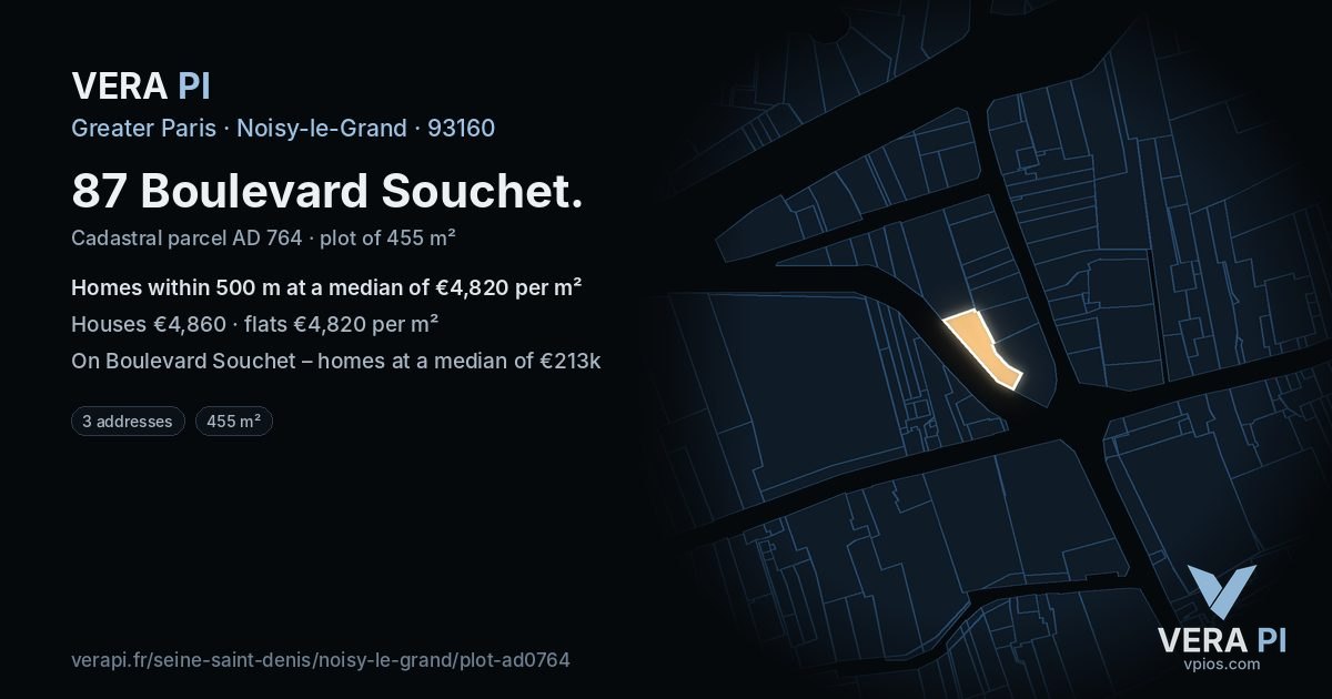 87 Boulevard Souchet, Noisy-le-Grand at night – the plot lit, the parcels around coloured by the prices near them