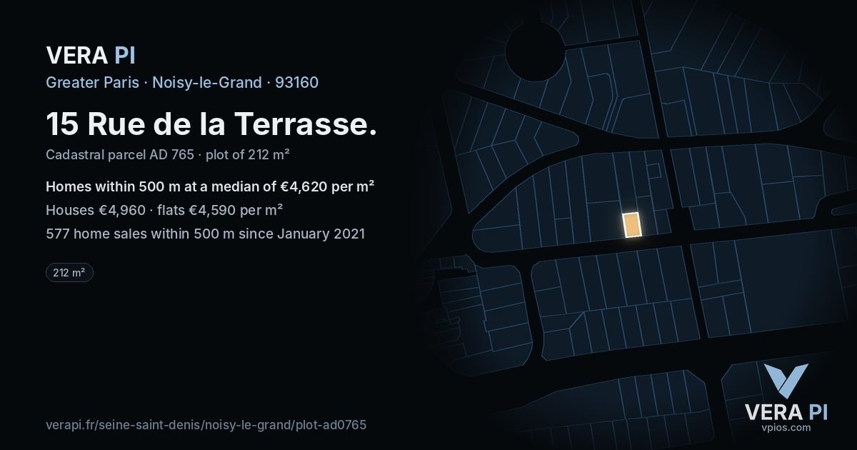 15 Rue de la Terrasse, Noisy-le-Grand at night – the plot lit, the parcels around coloured by the prices near them