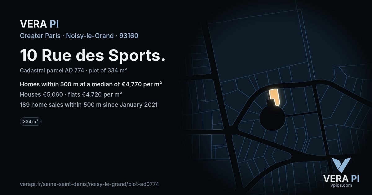 10 Rue des Sports, Noisy-le-Grand at night – the plot lit, the parcels around coloured by the prices near them