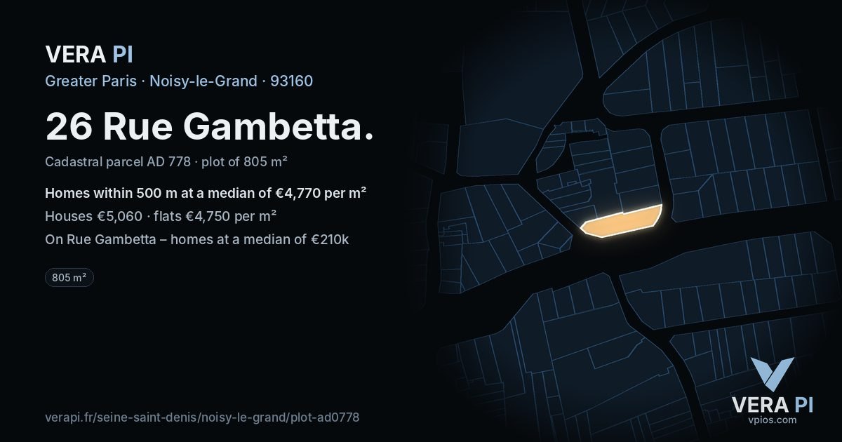 26 Rue Gambetta, Noisy-le-Grand at night – the plot lit, the parcels around coloured by the prices near them