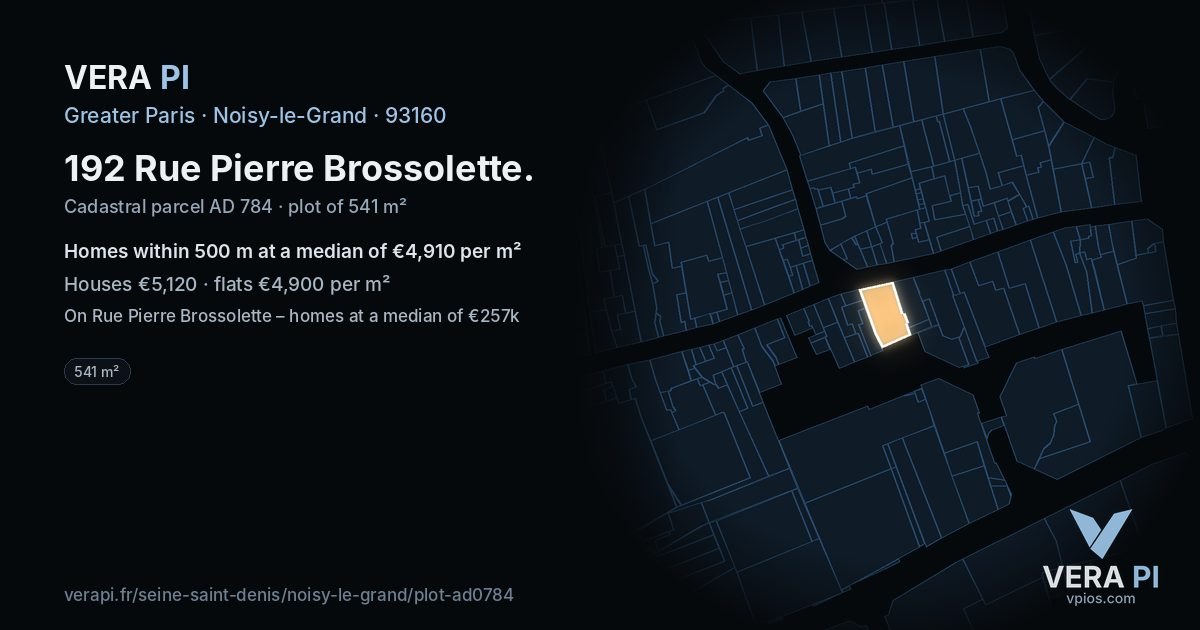 192 Rue Pierre Brossolette, Noisy-le-Grand at night – the plot lit, the parcels around coloured by the prices near them