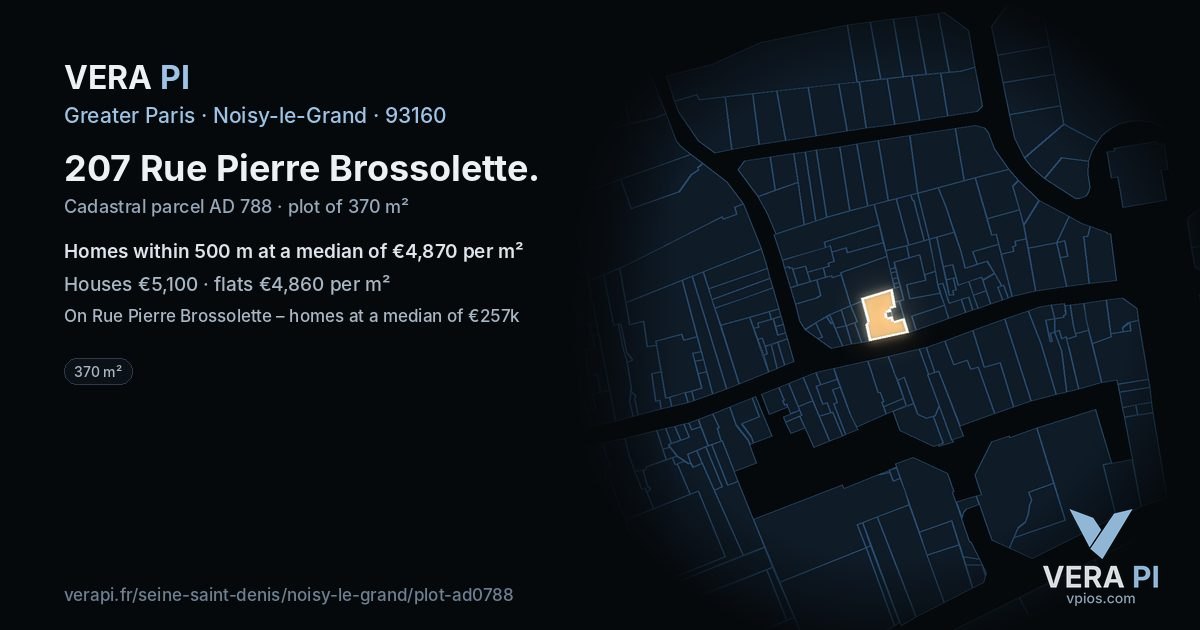 207 Rue Pierre Brossolette, Noisy-le-Grand at night – the plot lit, the parcels around coloured by the prices near them