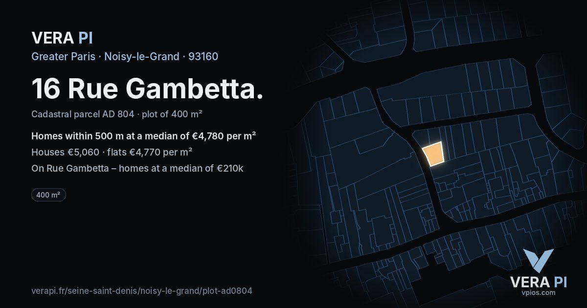 16 Rue Gambetta, Noisy-le-Grand at night – the plot lit, the parcels around coloured by the prices near them
