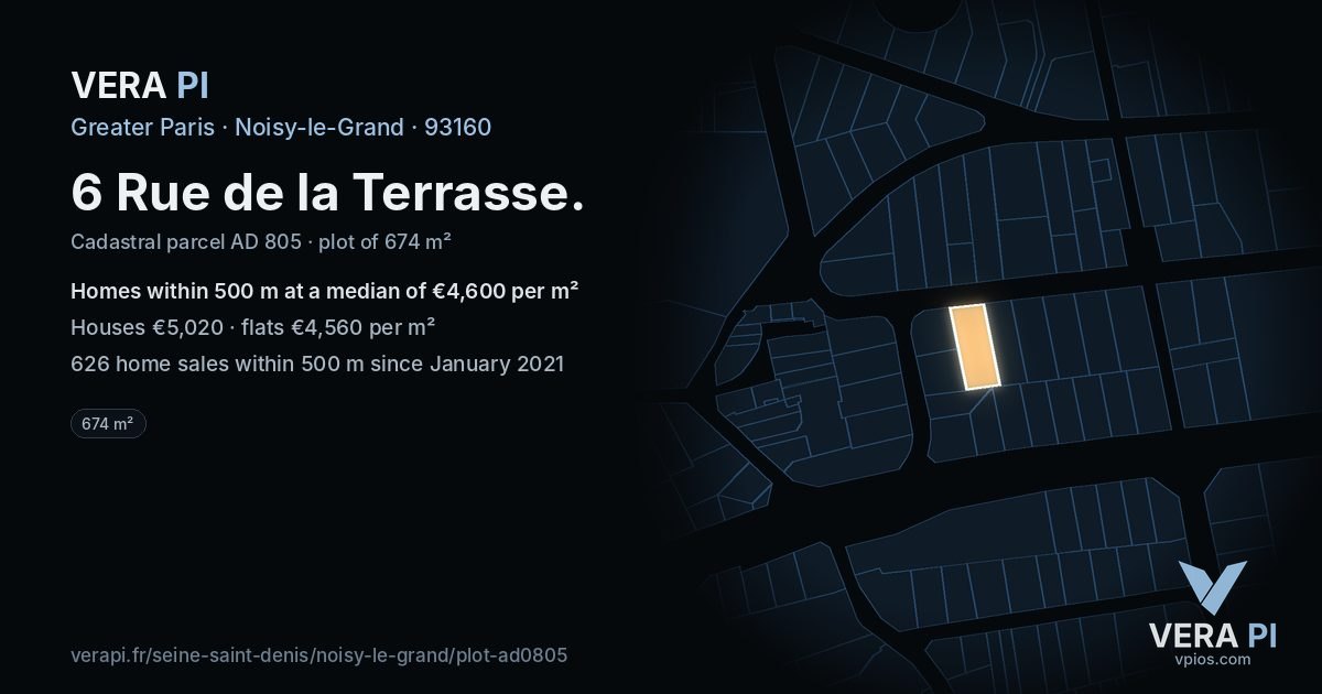 6 Rue de la Terrasse, Noisy-le-Grand at night – the plot lit, the parcels around coloured by the prices near them