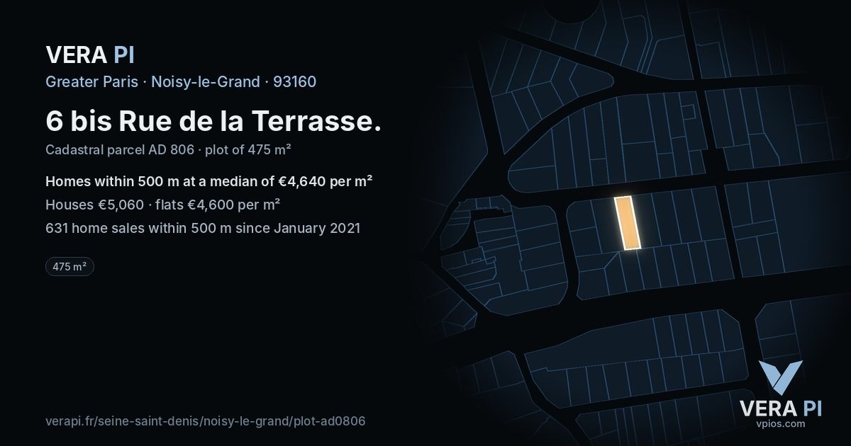 6 bis Rue de la Terrasse, Noisy-le-Grand at night – the plot lit, the parcels around coloured by the prices near them