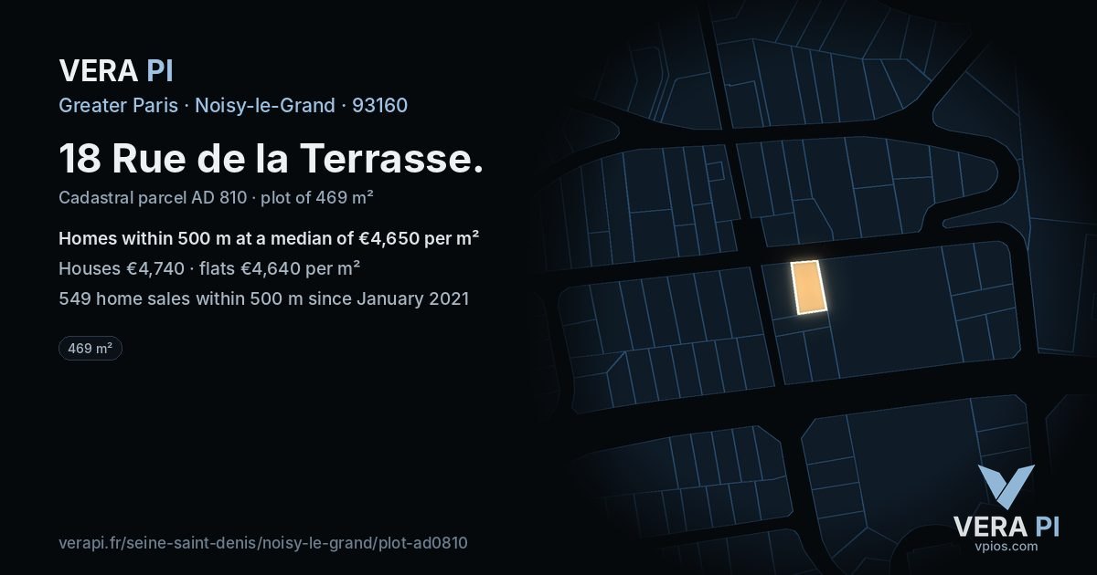 18 Rue de la Terrasse, Noisy-le-Grand at night – the plot lit, the parcels around coloured by the prices near them