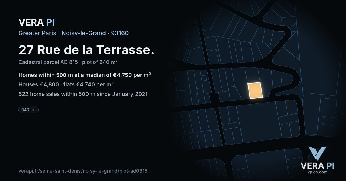 27 Rue de la Terrasse, Noisy-le-Grand at night – the plot lit, the parcels around coloured by the prices near them