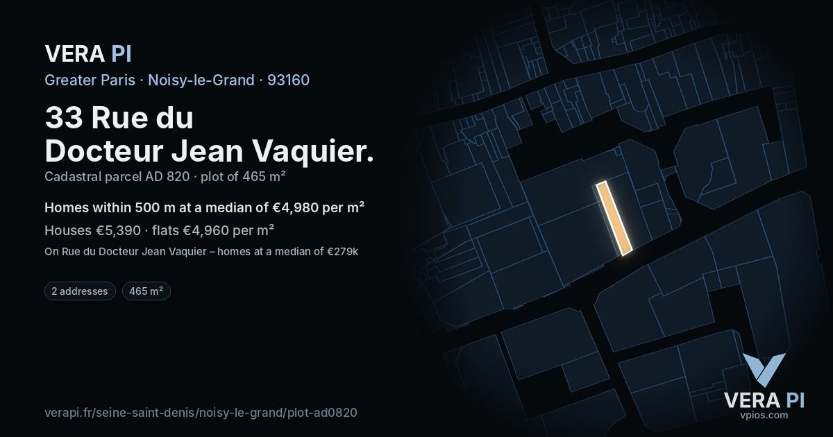 33 Rue du Docteur Jean Vaquier, Noisy-le-Grand at night – the plot lit, the parcels around coloured by the prices near them