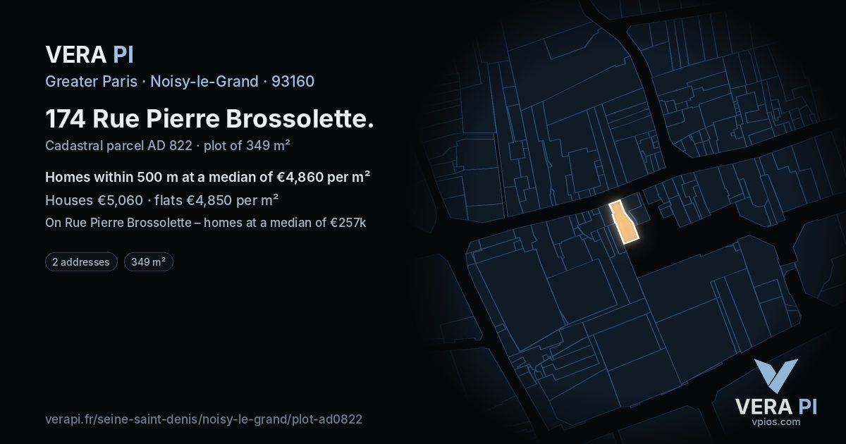 174 Rue Pierre Brossolette, Noisy-le-Grand at night – the plot lit, the parcels around coloured by the prices near them