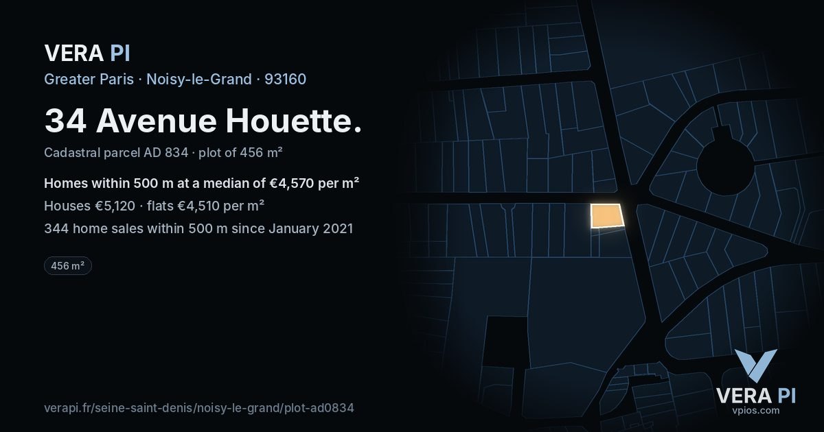 34 Avenue Houette, Noisy-le-Grand at night – the plot lit, the parcels around coloured by the prices near them