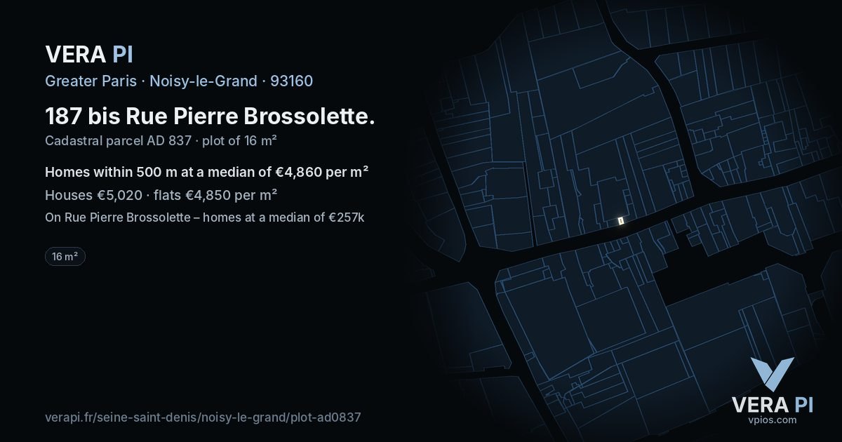 187 bis Rue Pierre Brossolette, Noisy-le-Grand at night – the plot lit, the parcels around coloured by the prices near them