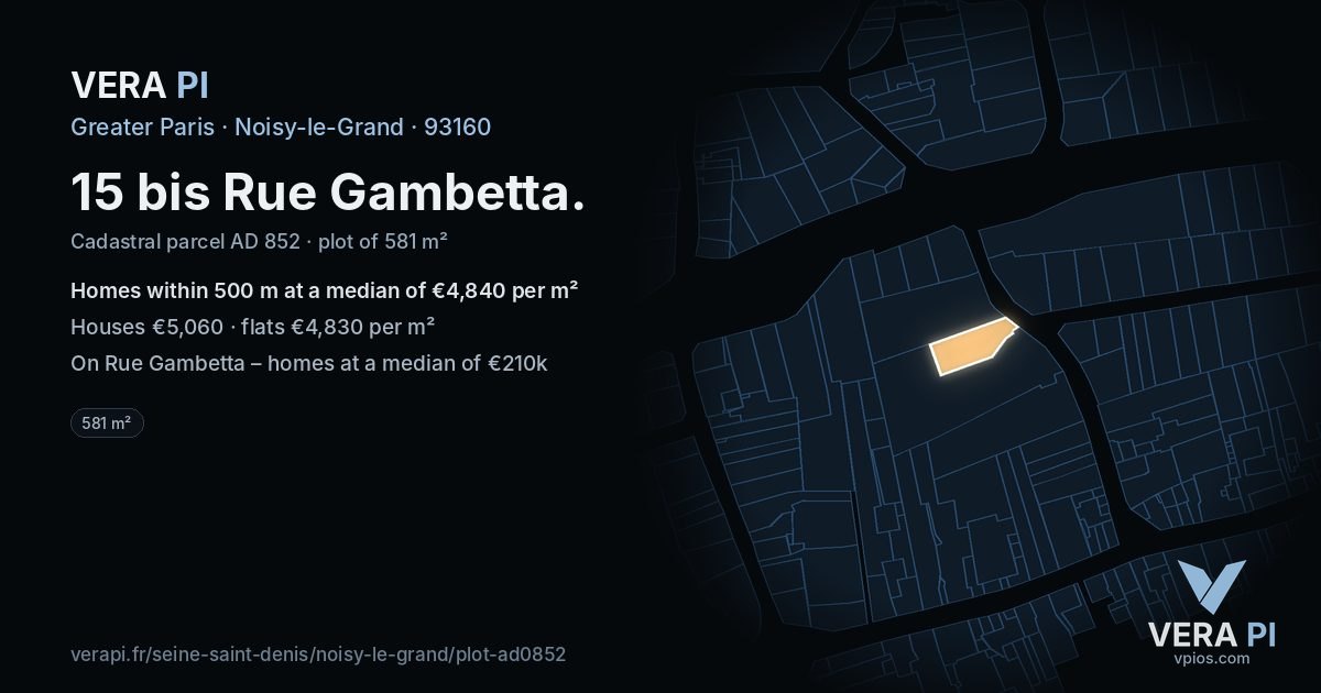 15 bis Rue Gambetta, Noisy-le-Grand at night – the plot lit, the parcels around coloured by the prices near them