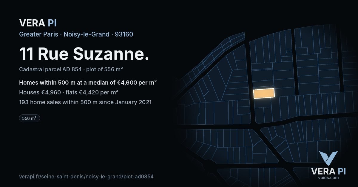 11 Rue Suzanne, Noisy-le-Grand at night – the plot lit, the parcels around coloured by the prices near them